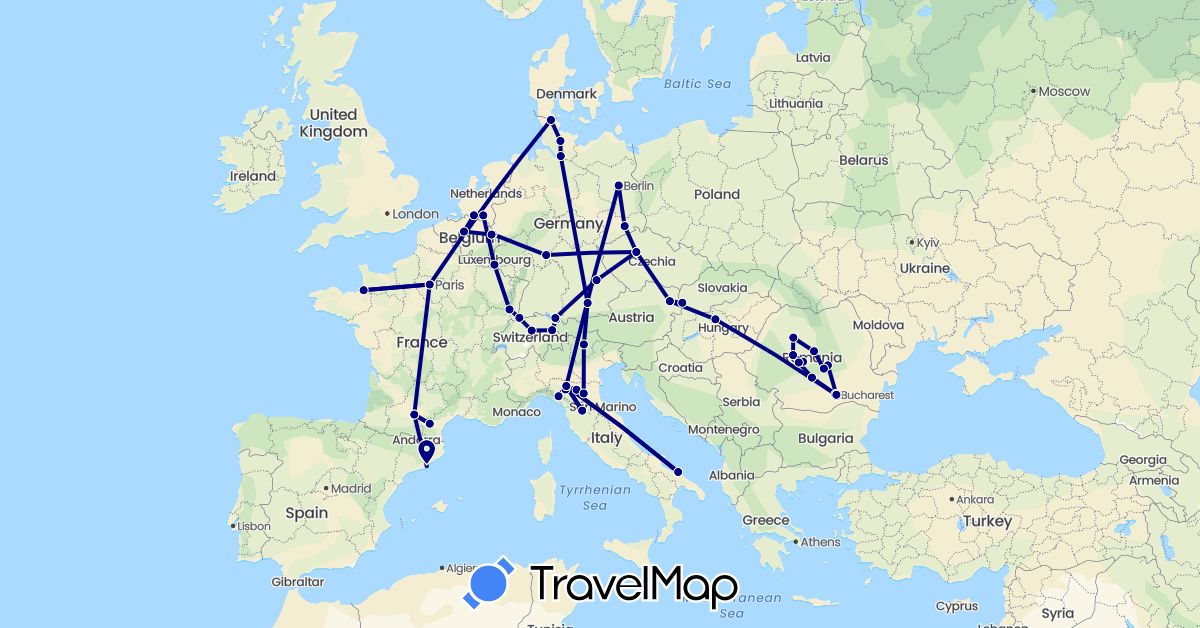 TravelMap itinerary: driving in Austria, Belgium, Switzerland, Czech Republic, Germany, Spain, France, Hungary, Italy, Liechtenstein, Luxembourg, Netherlands, Romania, Slovakia (Europe)